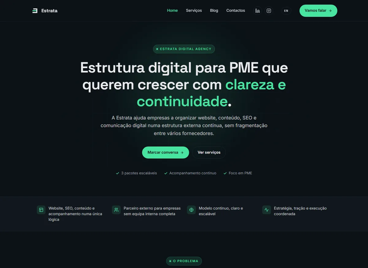 Captura de ecrã da página inicial do site Estrata Digital, desenhado pela Estrata.